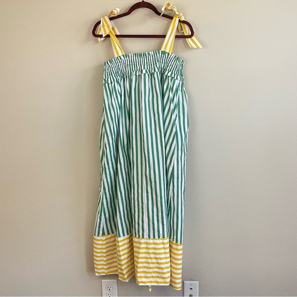 NWT Buru Contrast Striped Tie Shoulders Midi Dress Green & Yellow Size S/M - Picture 8 of 9